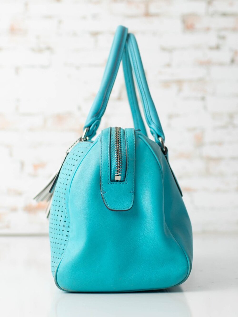Coach Legacy Perforated Leather Haley Satchel Turquoise Aqua Fringe Leather 2012 - Picture 5 of 11